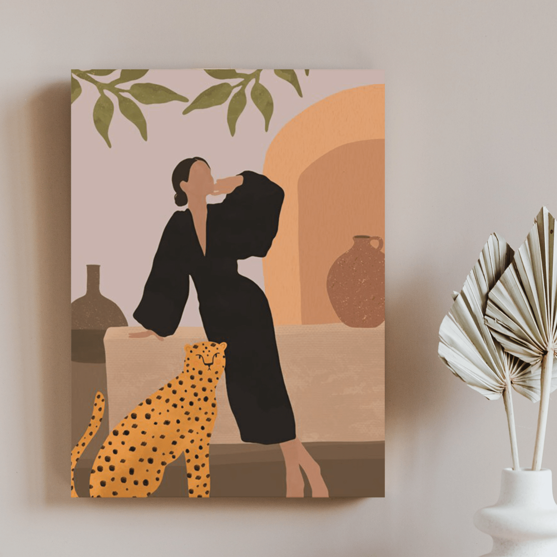 Terracotta Aura | Paint By Numbers | Orange & Black | Black Haired Girl Posing With Cheetah | Terracotta Pots | Wall Art | Self Studio