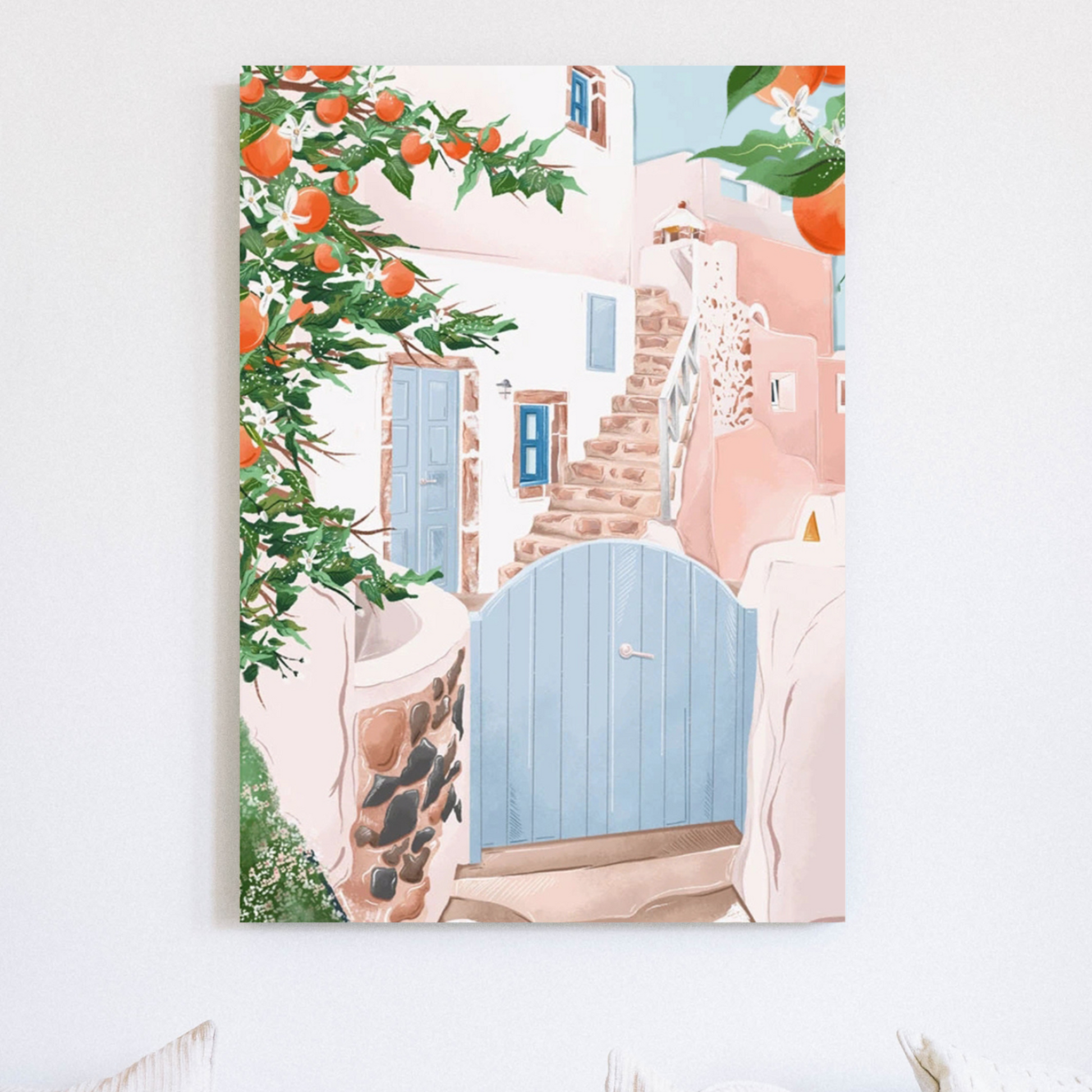 | Pastel Pink | Gate To Houses | Oranges & Flowers | Europe| Canvas Wall Art | Self Studio