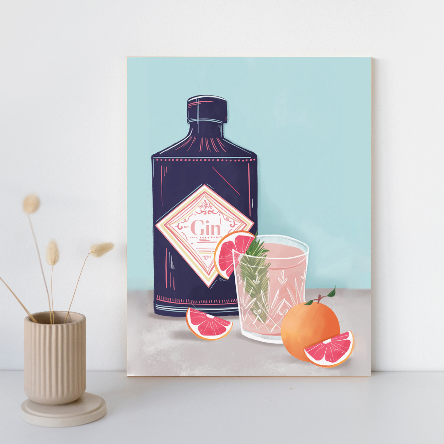 Midsummer Mixer | Paint By Numbers | Blue | Pastel Pink | Gin Bottle | Grapefruit | Cocktail | Canvas Wall Art | Self Studio