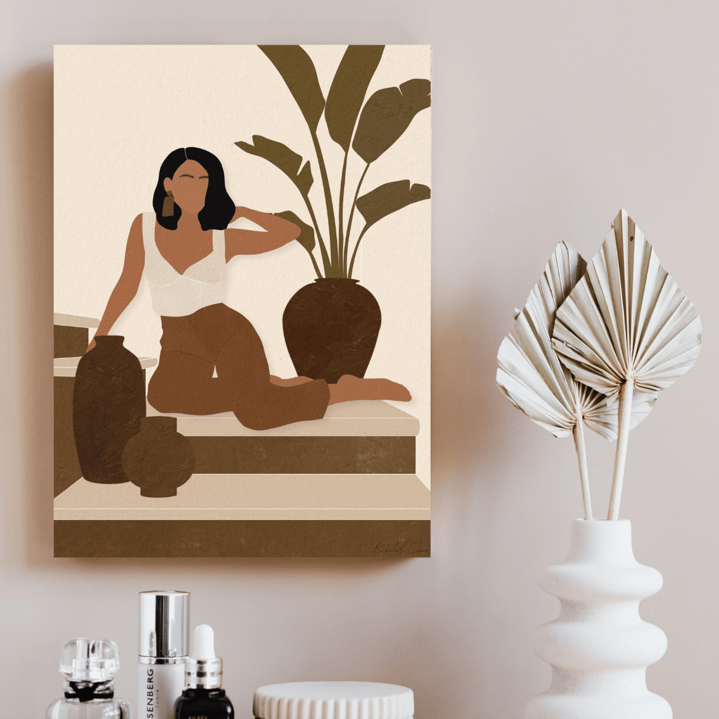 Nude Attraction | Paint By Numbers | Tan | Neutral | Beautiful Girl Posed On Stairs | Indoor Plants | Pots | Wall Art | Self Studio