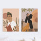 self studio paint by numbers kits, two designs, first girl big brows in front of full moon with large earrings, second canvas girl near pots with cheetah