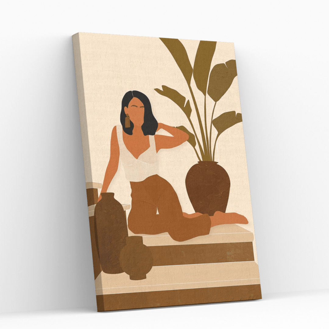 Nude Attraction | Paint By Numbers | Tan | Neutral | Beautiful Girl Posed On Stairs | Indoor Plants | Pots | Wall Art | Self Studio