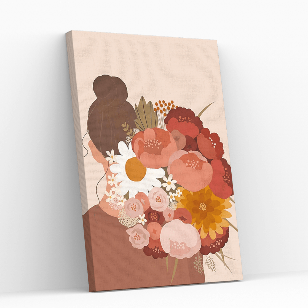 Spring Bouquet | Paint By Numbers | Pink | Brown Haired Girl Holding Large Bouquet Of Flowers | Wall Art | Self Studio