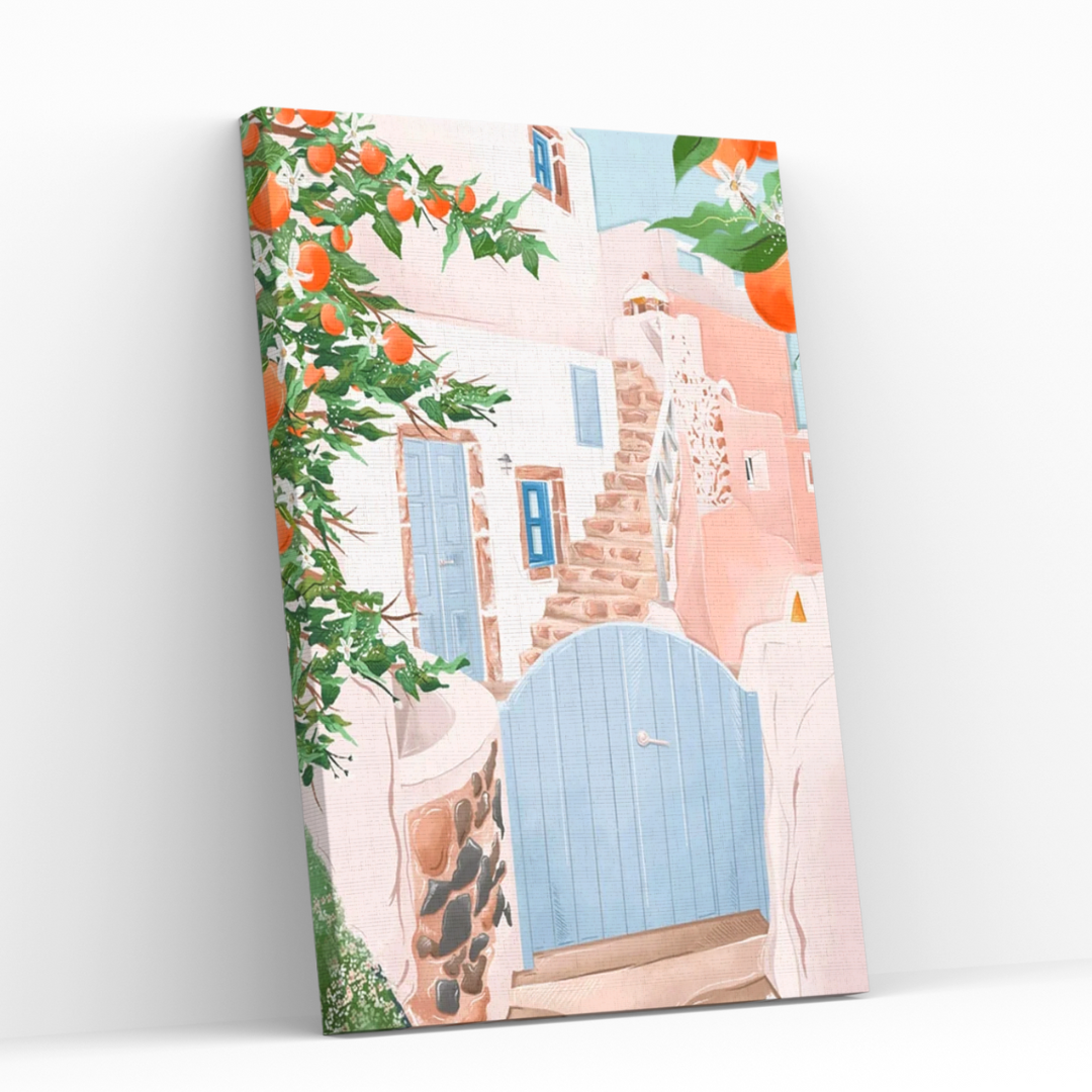 Mediterranean Lane | Paint By Numbers | Blue | Pastel Pink | Gate To Houses | Oranges & Flowers | Europe| Canvas Wall Art | Self Studio